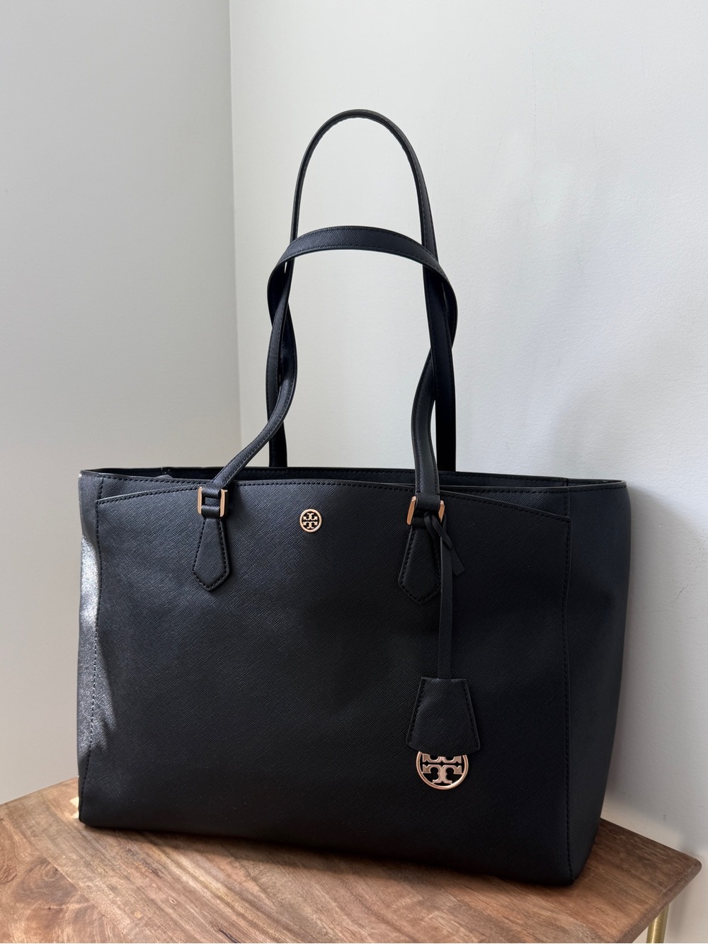 Tory Burch Black Robinson Large Saffiano Leather Tote with Gold Logo Accents